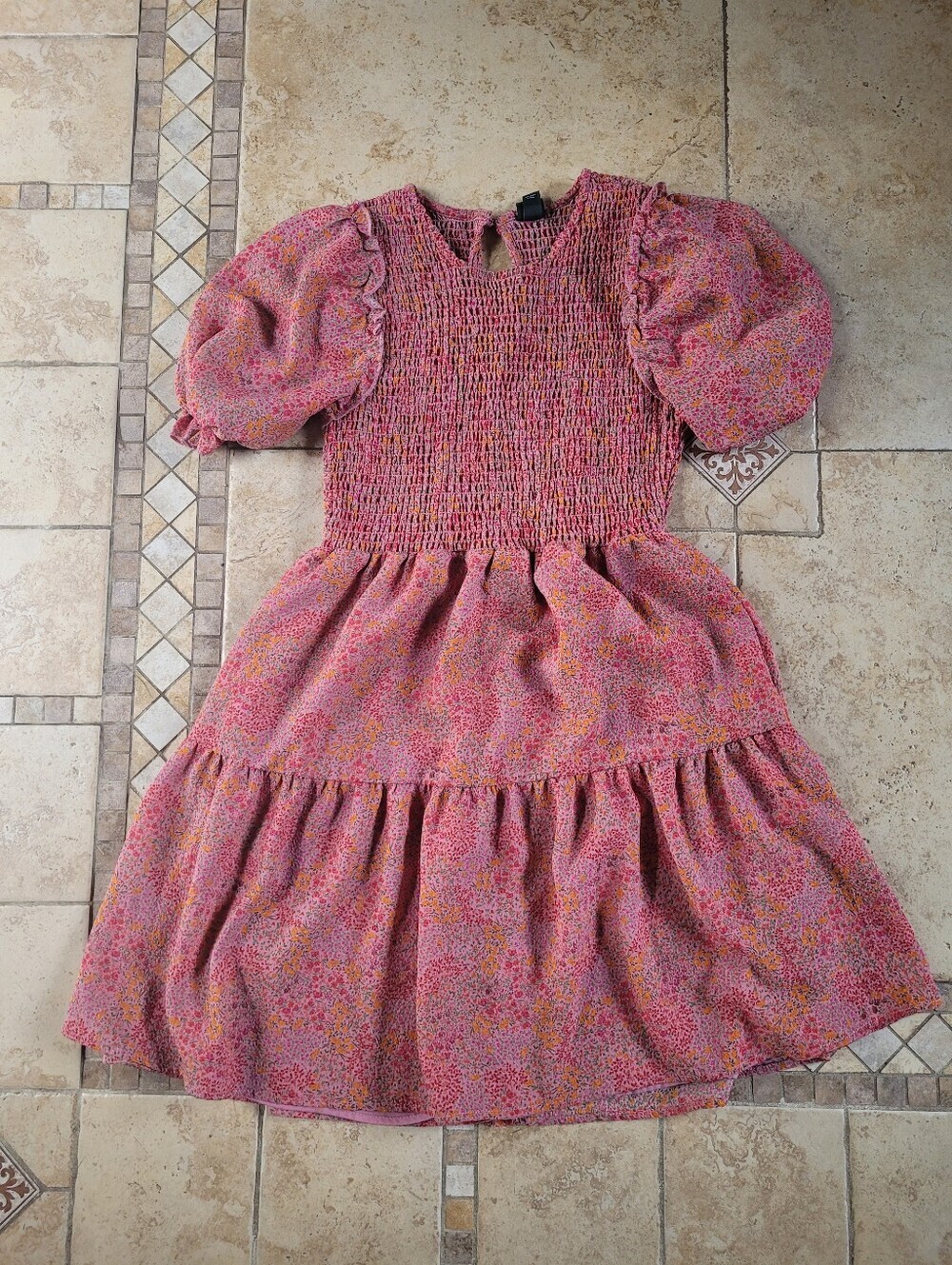 wild fable Pink Floral Smocked Puff-Sleeve Tiered Dress